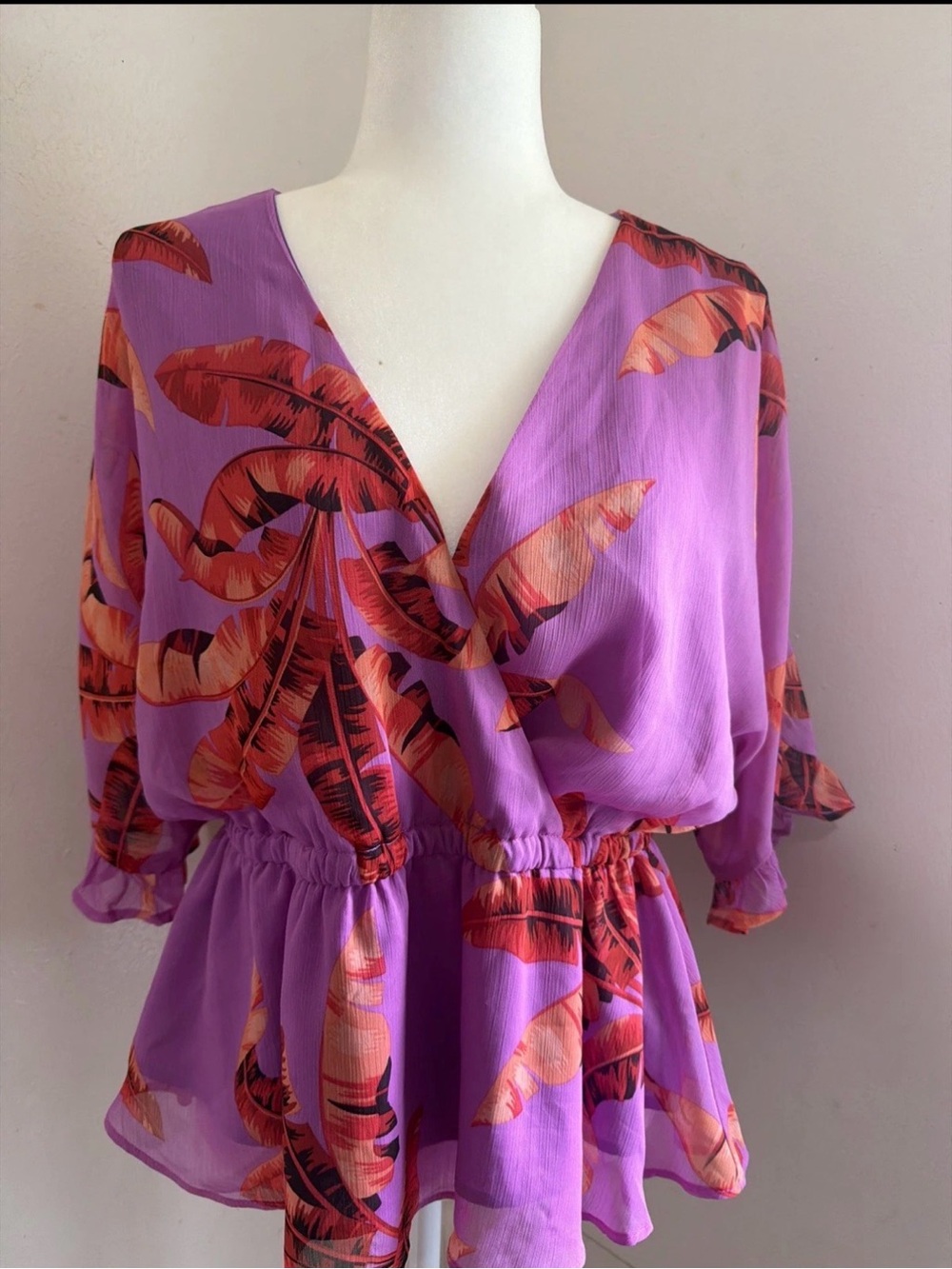 Sofia Vergara chiffon Faux Wrap Tropical Print Peplum Blouse Purple